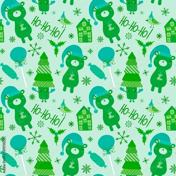 Fototapeta Christmas tree and animals seamless bears and candy and house and snowflakes pattern for wrapping paper