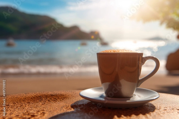 Fototapeta Hot coffee with, summer beach background 