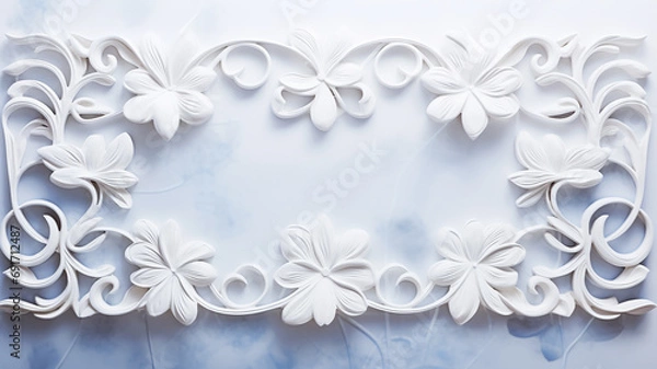 Fototapeta three-dimensional white frame with abstract floral ornament, plaster or plastic decorated frame