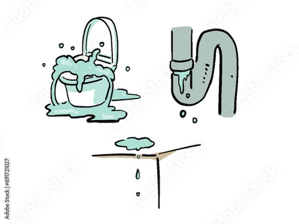 Obraz 水漏れなど水にまつわるトラブル　手描き風イラストセット