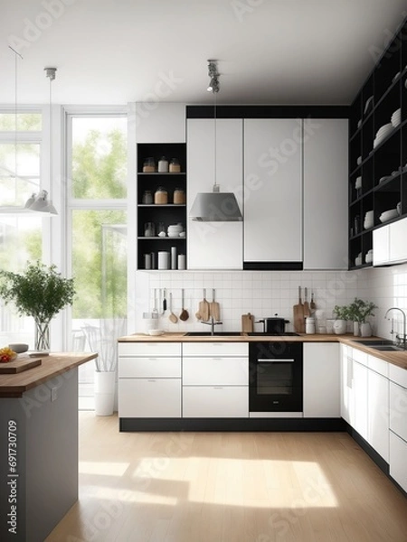 Obraz design huge ikea style kitchen front view realistic generative ai