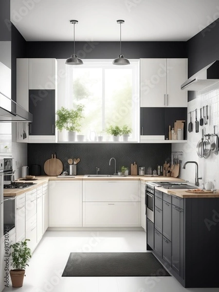 Obraz design huge ikea style kitchen front view realistic generative ai