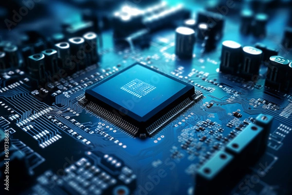 Fototapeta Close-up image of a blue circuit board with a central microchip processor CPU with various electronic components and connections. Technology, computer hardware, and manufacturing industries