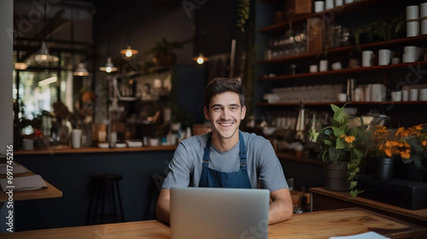 Obraz A focused man, dressed in a formal attire and sporting glasses, sits at a sleek table with a laptop, surrounded by shelves and a woman on the wall, engrossed in his work indoors