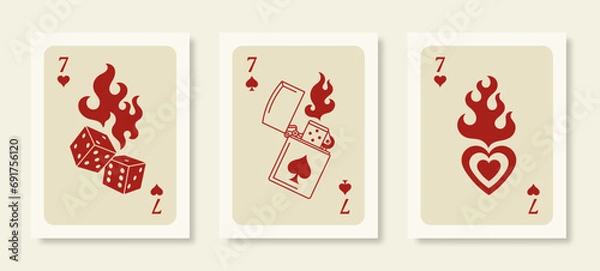 Obraz Playing Cards Posters. Retro Wall Art Prints Set with Dice in Flames, Lighter and Heart in a Trendy Modern Style.