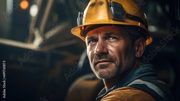 Fototapeta Engineer worker wearing safety helmet while operating heavy machinery. Generative AI.