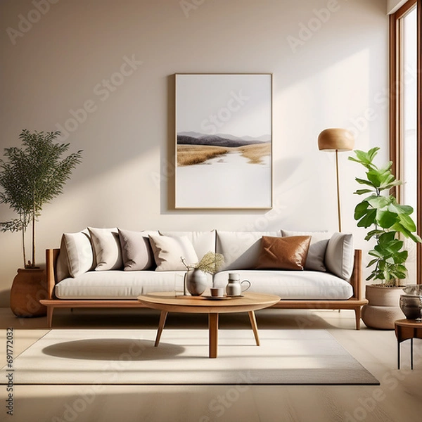 Fototapeta Captivating Homeliness Living Room. white color walls, sofa color is brown, wooden small table with copy space,