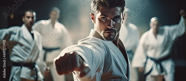 Fototapeta Men engaging in karate training at fitness studio, practicing fight club workout at gym and studying dojo moves as exercise at sports center. Physically active individuals displaying strength, fitness