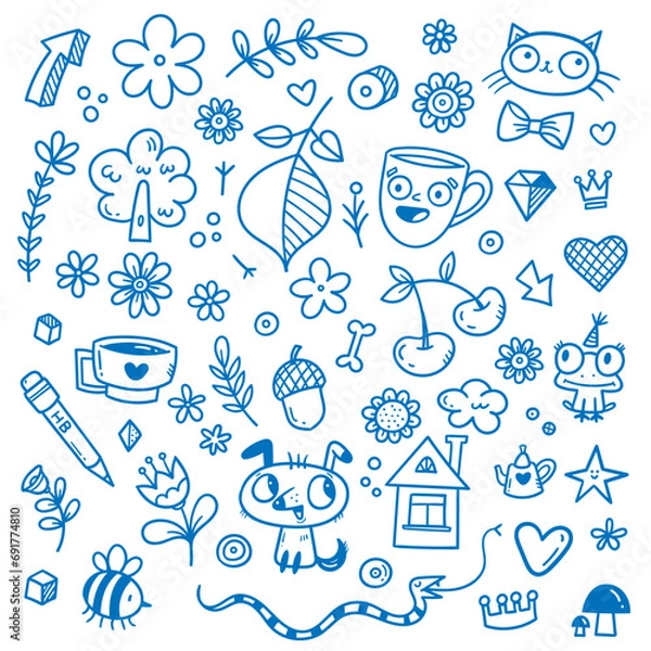 Fototapeta Doodle set with different animals and objects. Vector contour cute funny stickers.
