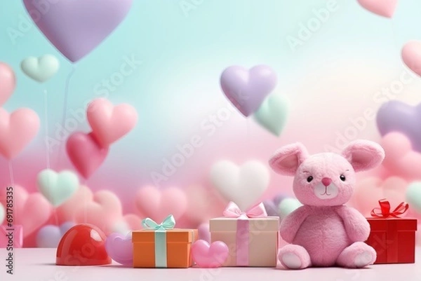 Fototapeta Valentine's Day blank space with cute bear gift boxes, roses, red heart, background generative ai.