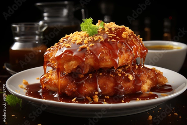 Fototapeta Fried chicken with fried garlic and parsley topping in ketchup on table.