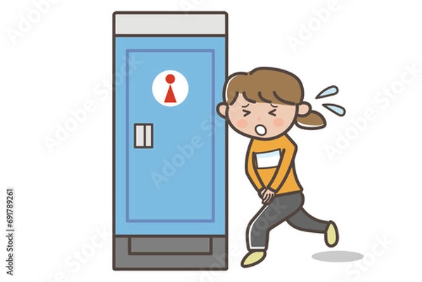 Fototapeta マラソン大会で仮設トイレに駆け込む漏らしそうな女性のイラスト