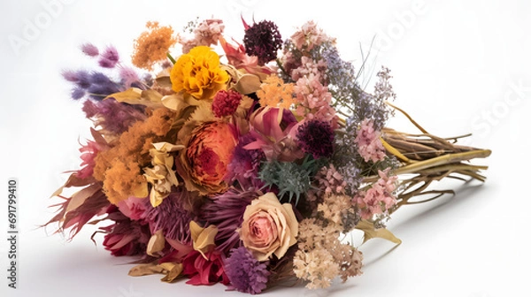 Fototapeta Beautiful colorful dried flower bouquet in the white background
