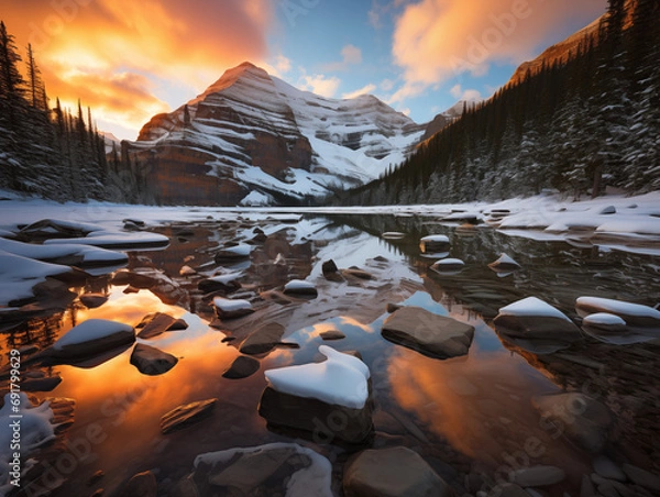 Obraz Sunrise over mountains with a serene lake reflecting sky's pink and orange hues. Ideal for travel, inspiration. No human elements, pure nature.