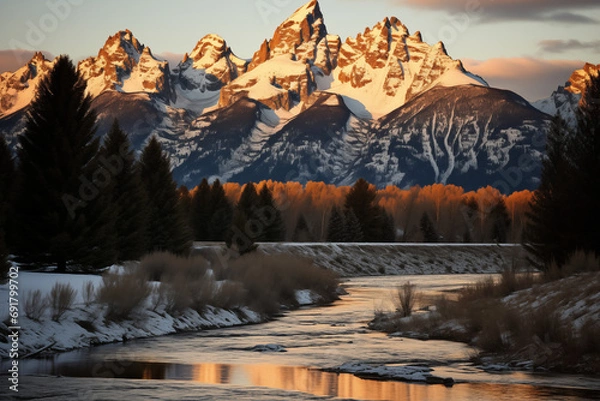 Obraz Sunrise over mountains with a serene lake reflecting sky's pink and orange hues. Ideal for travel, inspiration. No human elements, pure nature.
