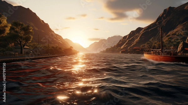 Obraz Sunrise over mountains with a serene lake reflecting sky's pink and orange hues. Ideal for travel, inspiration. No human elements, pure nature.