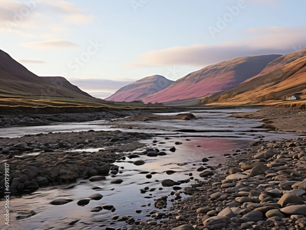 Obraz Sunrise over mountains with a serene lake reflecting sky's pink and orange hues. Ideal for travel, inspiration. No human elements, pure nature.