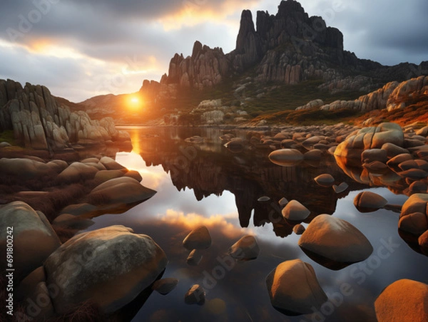 Obraz Sunrise over mountains with a serene lake reflecting sky's pink and orange hues. Ideal for travel, inspiration. No human elements, pure nature.