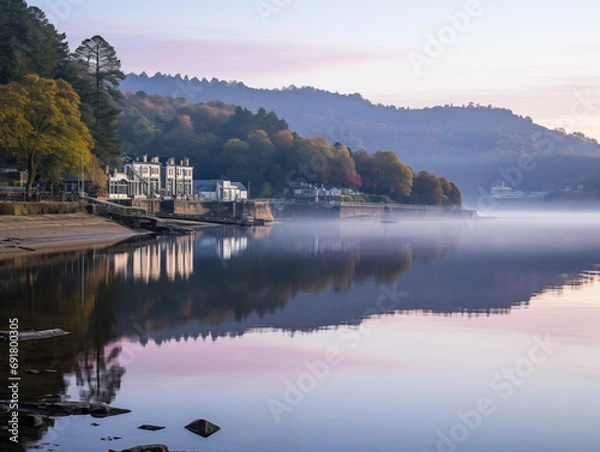 Obraz Sunrise over mountains with a serene lake reflecting sky's pink and orange hues. Ideal for travel, inspiration. No human elements, pure nature.