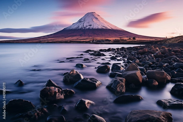 Obraz Sunrise over mountains with a serene lake reflecting sky's pink and orange hues. Ideal for travel, inspiration. No human elements, pure nature.