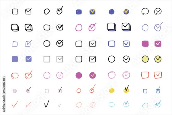 Obraz Set of various color hand drawn checked check mark, tick box doodle icon