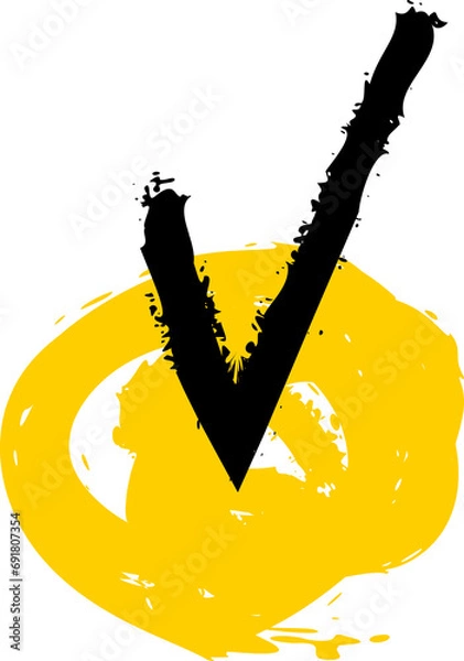 Obraz Hand drawn yellow circle checked check mark, tick box doodle icon, , transparent background png