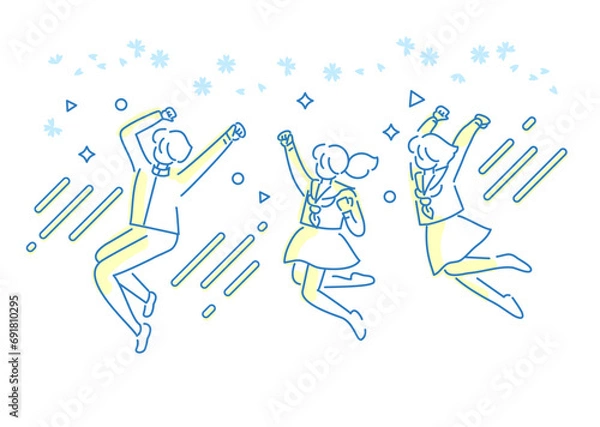 Obraz イラスト素材: ベクターイラスト素材：ジャンプして喜ぶ学生・男女・制服姿_桜