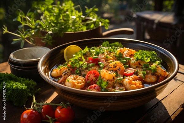 Fototapeta Spicy prawn soup with lemon and tomato on wooden table with sunlight.