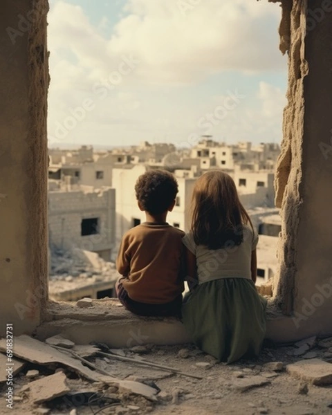 Fototapeta Two children sit in a window looking out at a destroyed city. Generative AI.