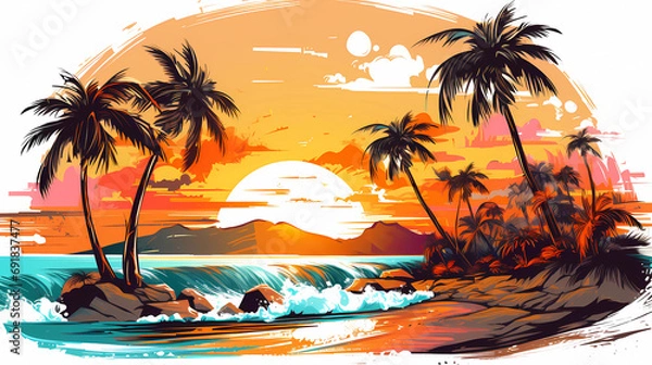 Fototapeta Palm trees and sea, graffiti style image, beautiful colors.