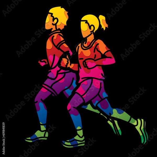 Fototapeta Group of Children Start Running Runner Action Jogging Together Cartoon Sport Graphic Vector