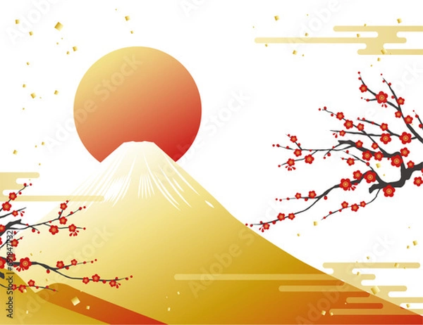 Fototapeta 富士山と日の出と紅梅のイラスト素材 ベクター 梅 年賀 白背景