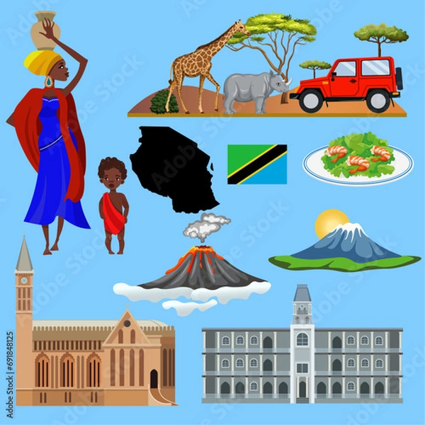 Fototapeta Set of Tanzania illustrations. Map, national clothes, flag, people, food, architecture, attractions of Tanzania. Vector