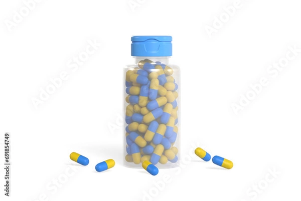 Fototapeta Plastic jar full of capsules isolated on white background