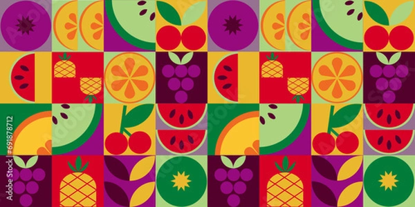 Fototapeta Modern abstract fruit seamless pattern. Minimalistic geometric shapes. Fruits, leaves, berries. Ideal for home, wallpaper, textiles, packaging.3