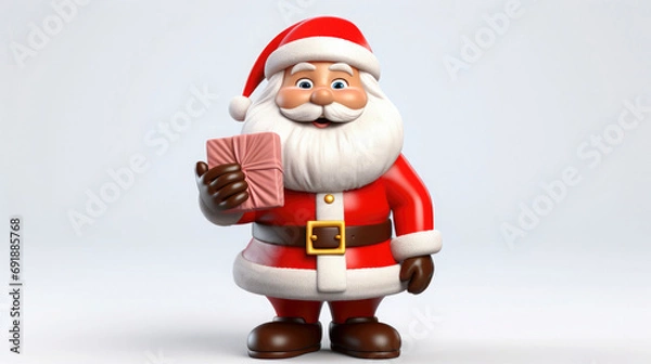 Obraz Santa Claus is happy in his hands with a gift, neutral background 3D. Generative AI