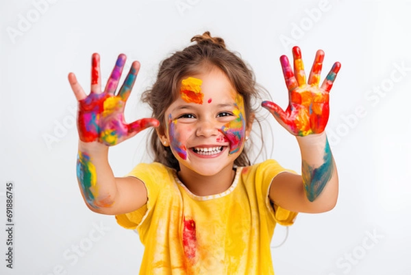 Fototapeta Niña sonriente con las manos pintadas