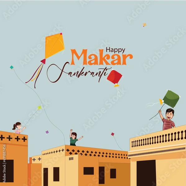 Obraz Vector illustration Makar Sankranti kite flying post template