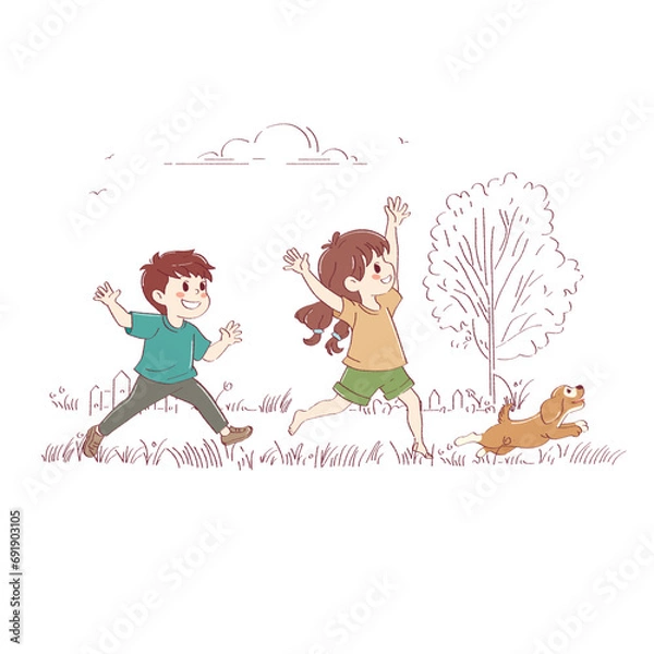 Fototapeta The kids are playing with the dog in the yard. Brother and sister having fun in nature with their pet. Vector illustration