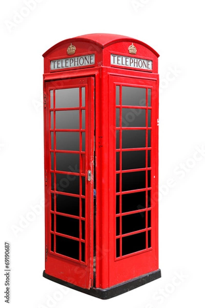 Fototapeta Classic British red phone booth in London UK, isolated on white