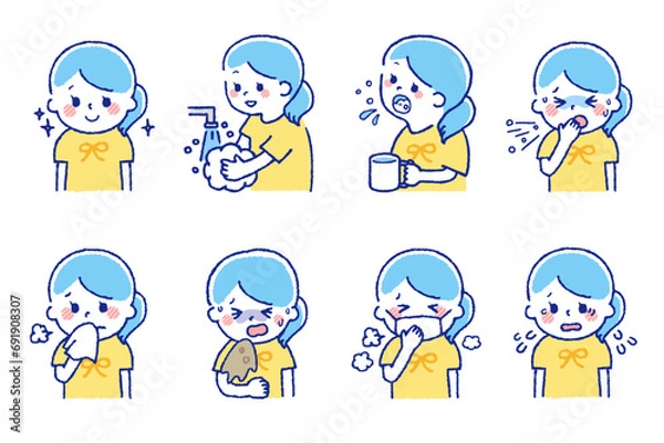 Fototapeta 風邪をひいている子供たち。体調不良の症状が出ているセット素材。
