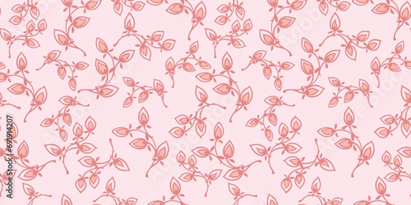 Fototapeta Cute, feminine, gentle floral seamless pattern. Vector hand drawn sketch. Abstract tiny branches leaves, drops light print. Design ornament for fashion, fabric, textile, wallpaper, surface design