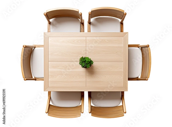 Obraz Overhead view of dining set with a wooden table, matching chairs, and decorative plant, evoking a warm, inviting ambiance. On transparent background. Cut out furniture. Top view