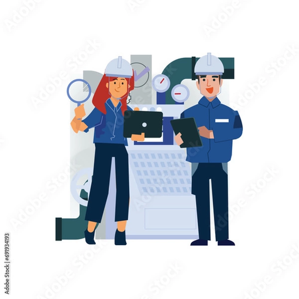 Fototapeta Factory engineer person in uniform.  Quality Control Manufacturing or QC - vector illustration