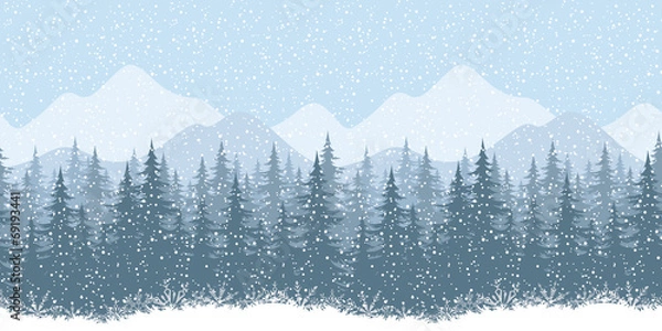 Fototapeta Seamless winter landscape with fir trees