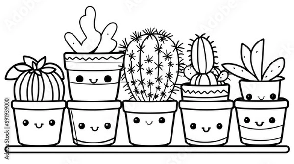 Fototapeta Set of cute and kawaii cactus in a pot colouring page drawing illustration. Coloring activity for kids. Simple cute kid drawing. Contour image of cactus scribble coloring sheet for adults.