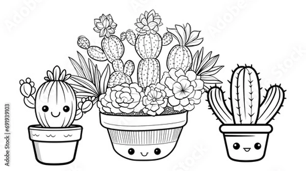 Fototapeta Set of cute and kawaii cactus in a pot colouring page drawing illustration. Coloring activity for kids. Simple cute kid drawing. Contour image of cactus scribble coloring sheet for adults.