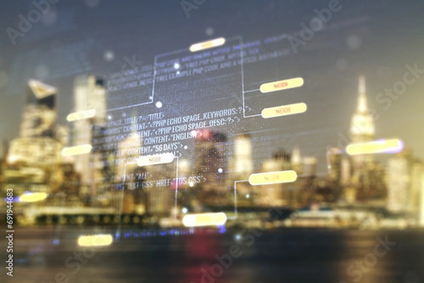 Fototapeta Abstract virtual coding illustration on blurry skyscrapers background, software development concept. Multiexposure