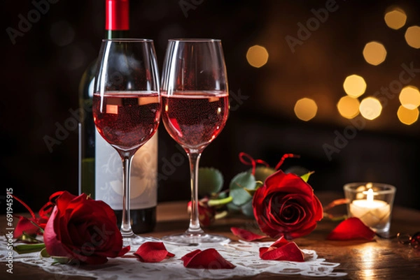Fototapeta Romantic dinner date, red roses and wine on the table with candlelight, Valentine s day background.