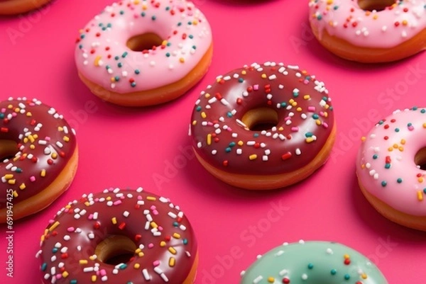 Fototapeta  a bunch of doughnuts with sprinkles on them on a pink and pink surface with a pink background.